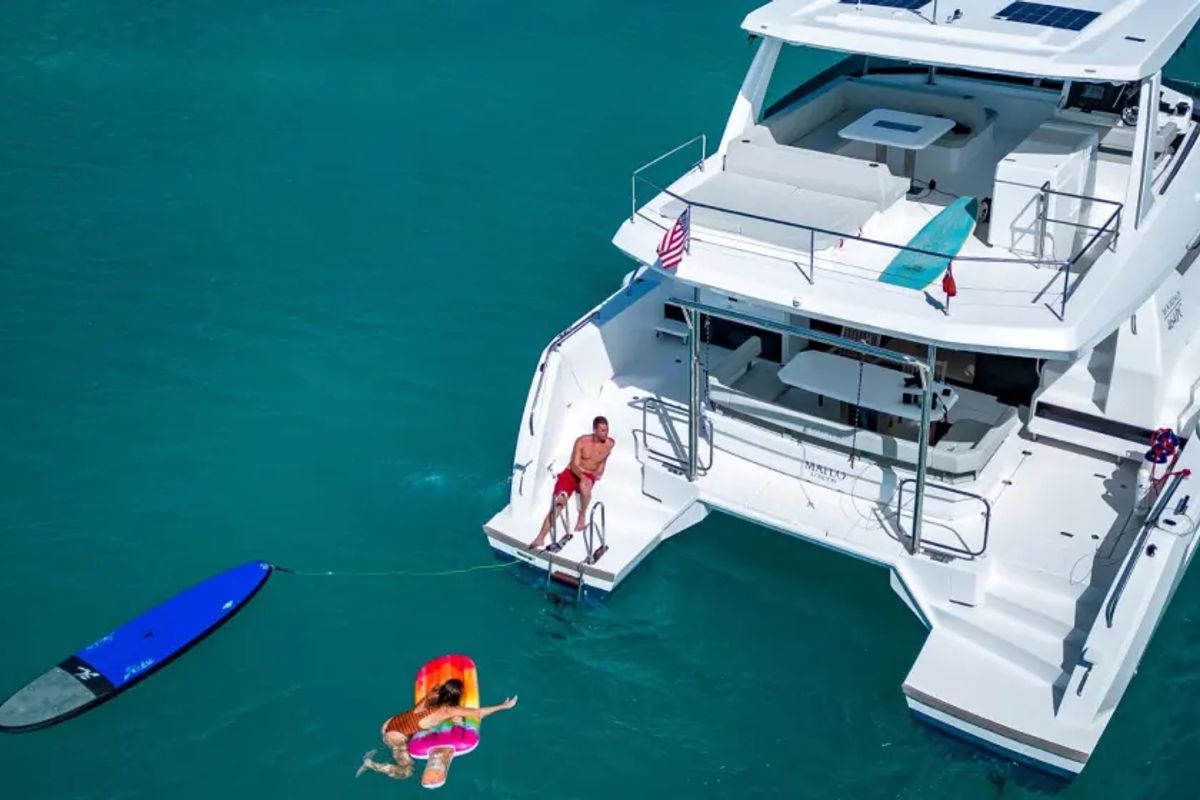 Exterior view of Moorings 464PC/10 Club, a Leopard 46PC catamaran at Central Abaco, Bahamas