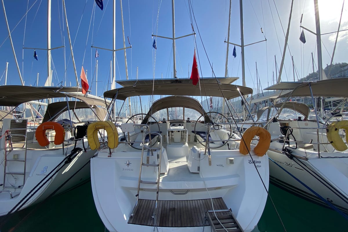 Cockpit of Safina, a Jeanneau Sun Odyssey 45 sailboat at Fethiye, Turkey