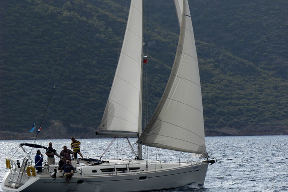 Exterior view of Safina, a Jeanneau Sun Odyssey 45 sailboat at Fethiye, Turkey