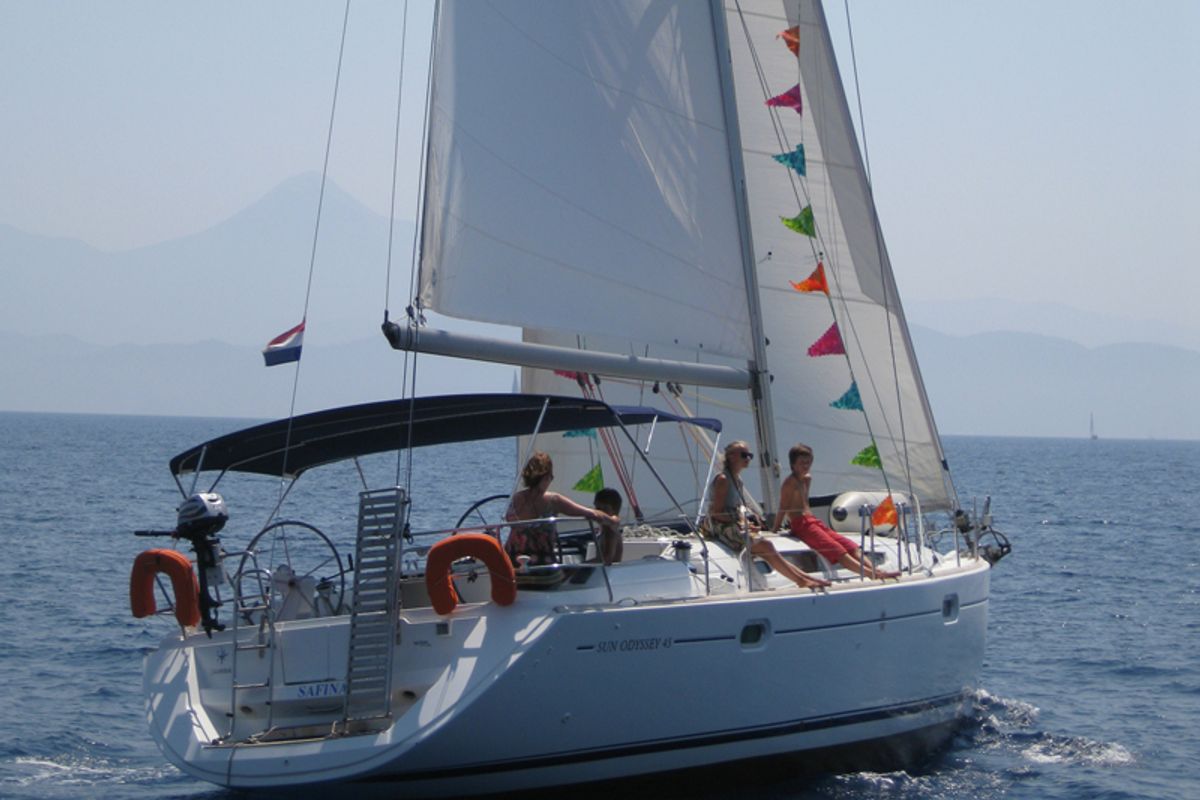 Exterior view of Safina, a Jeanneau Sun Odyssey 45 sailboat at Fethiye, Turkey