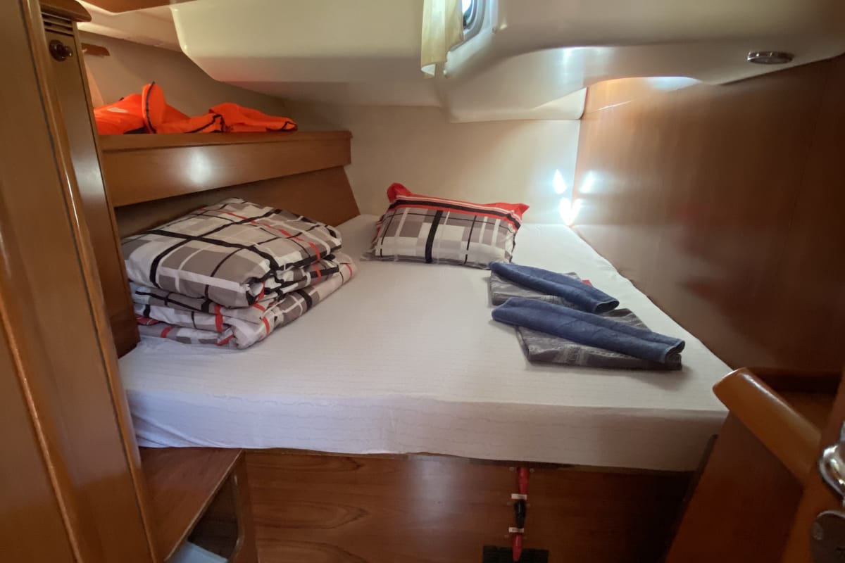 Cabin on Safina, a Jeanneau Sun Odyssey 45 sailboat at Fethiye, Turkey