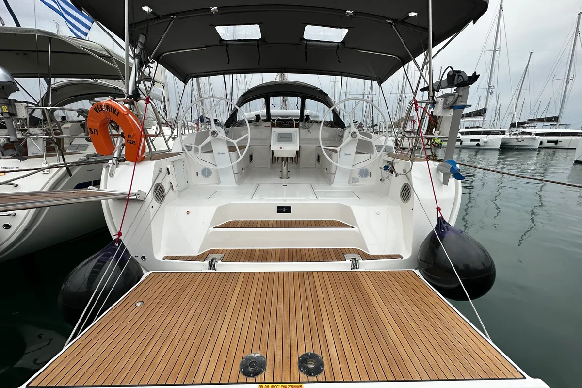 Exterior view of Meliti, a Bavaria Cruiser 46 Style sailboat at Athens, Greece
