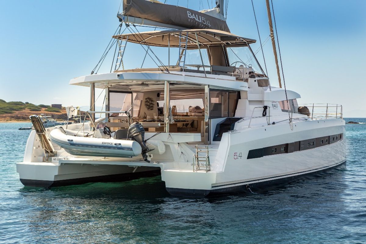 Exterior view of License to Chill (crewed), a Bali 5.4 catamaran at Athens, Greece