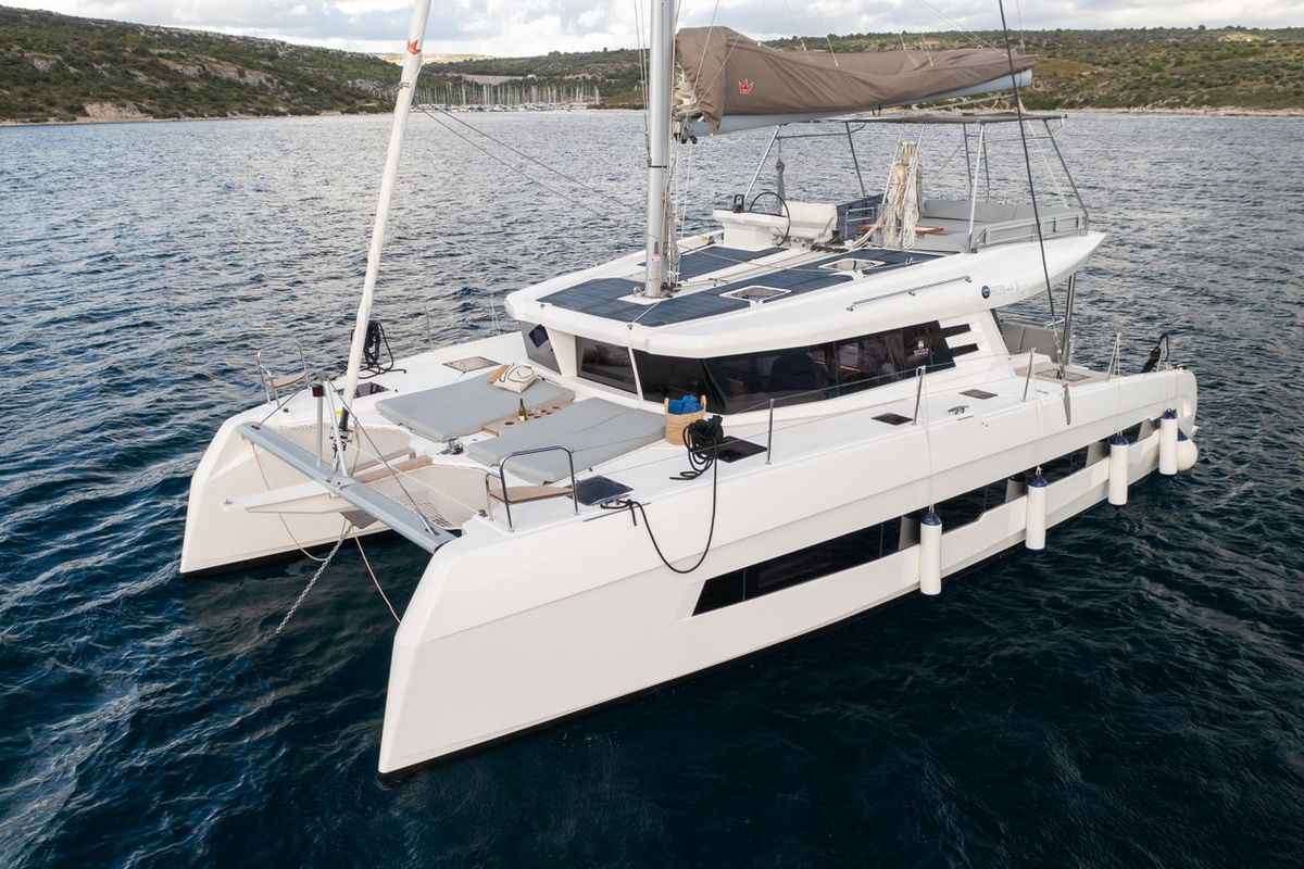 Exterior view of Alba, a Cervetti 44 catamaran at Primošten, Croatia