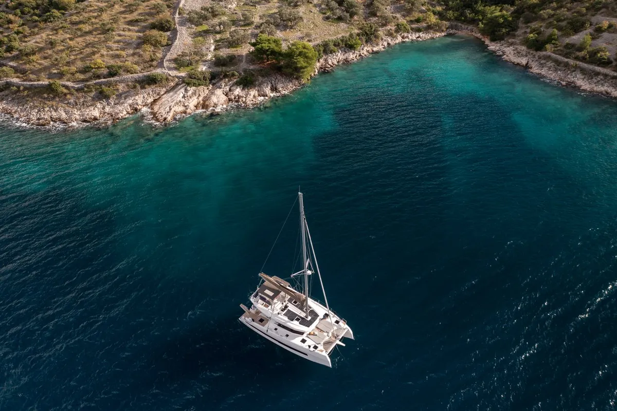 Exterior view of Alba, a Cervetti 44 catamaran at Primošten, Croatia