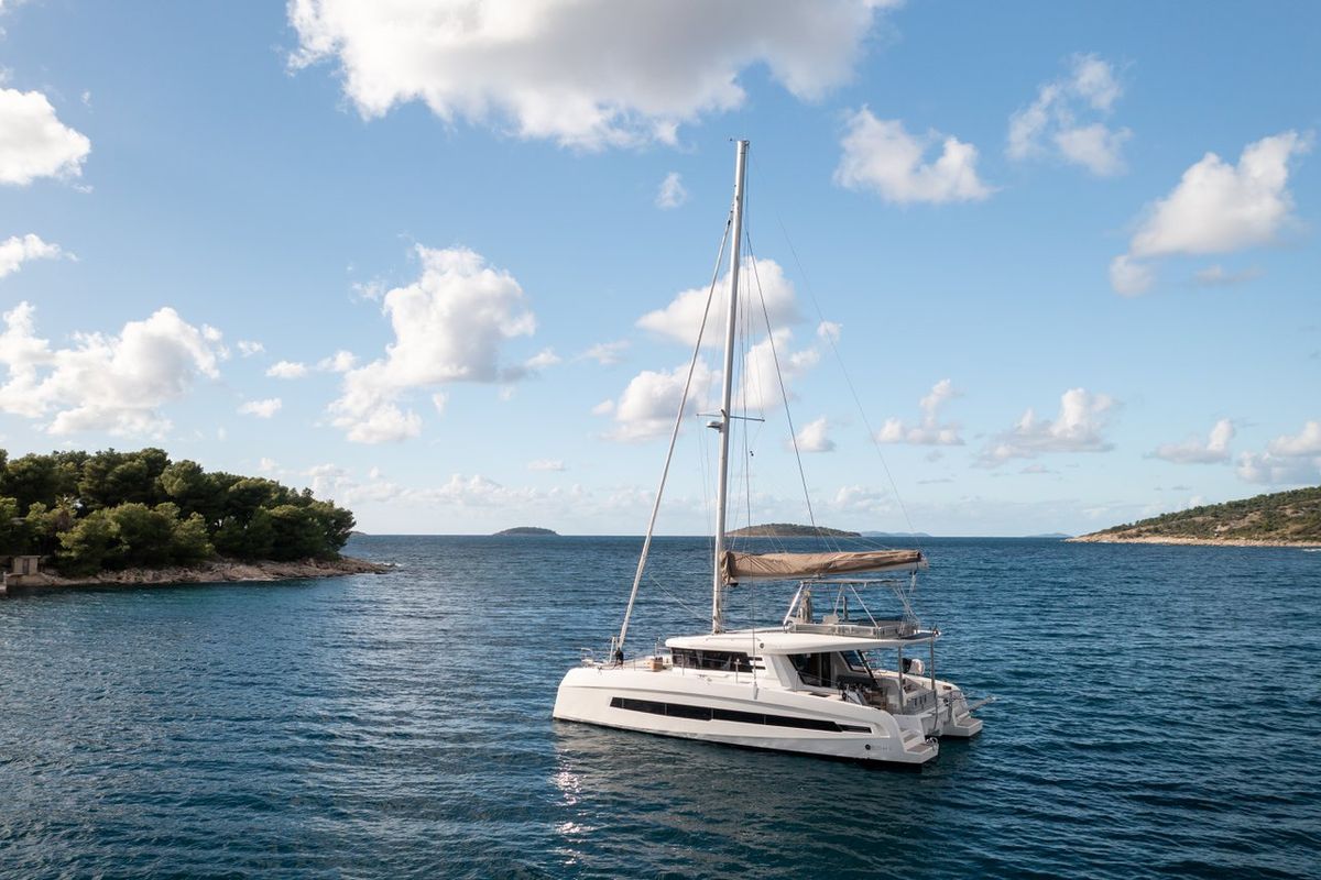 Exterior view of Alba, a Cervetti 44 catamaran at Primošten, Croatia