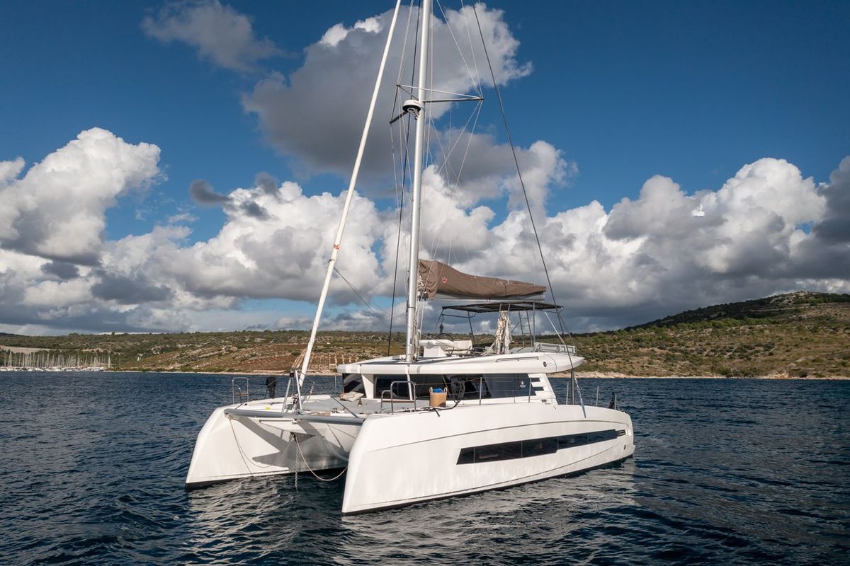 Exterior view of Alba, a Cervetti 44 catamaran at Primošten, Croatia
