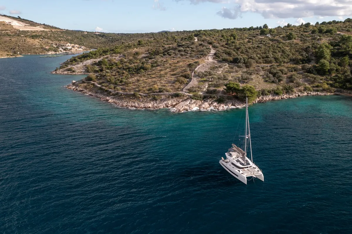 Exterior view of Alba, a Cervetti 44 catamaran at Primošten, Croatia
