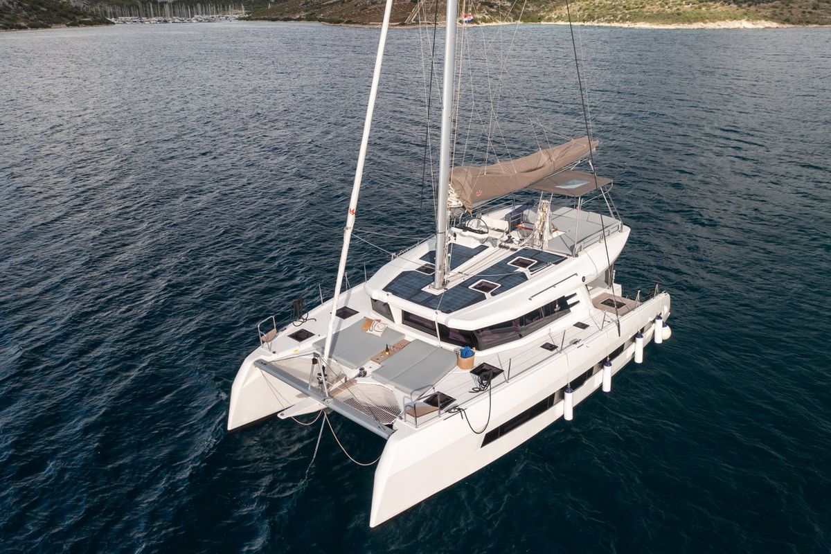 Exterior view of Alba, a Cervetti 44 catamaran at Primošten, Croatia