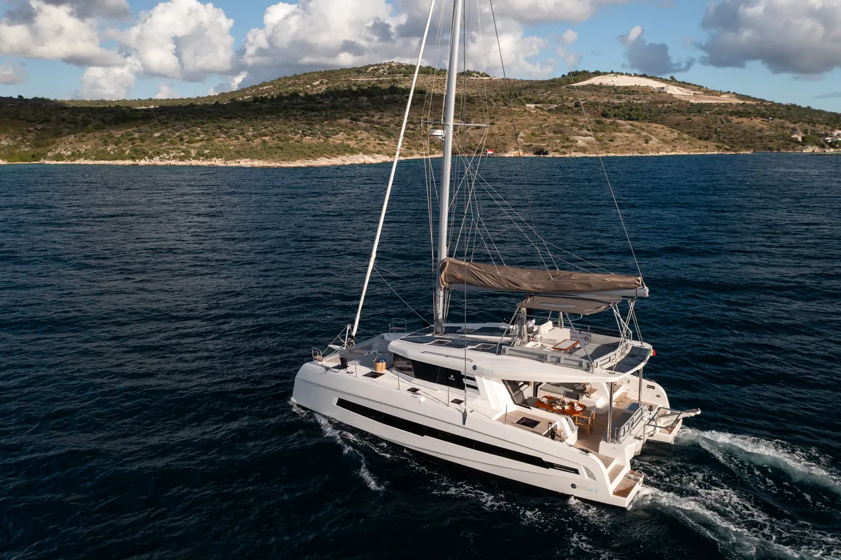 Exterior view of Alba, a Cervetti 44 catamaran at Primošten, Croatia