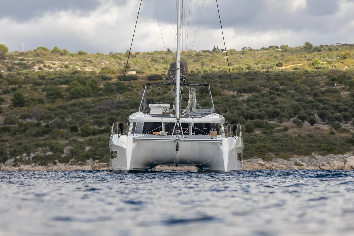 Exterior view of Alba, a Cervetti 44 catamaran at Primošten, Croatia