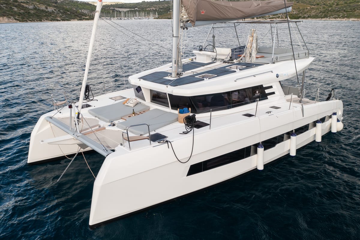 Exterior view of Alba, a Cervetti 44 catamaran at Primošten, Croatia