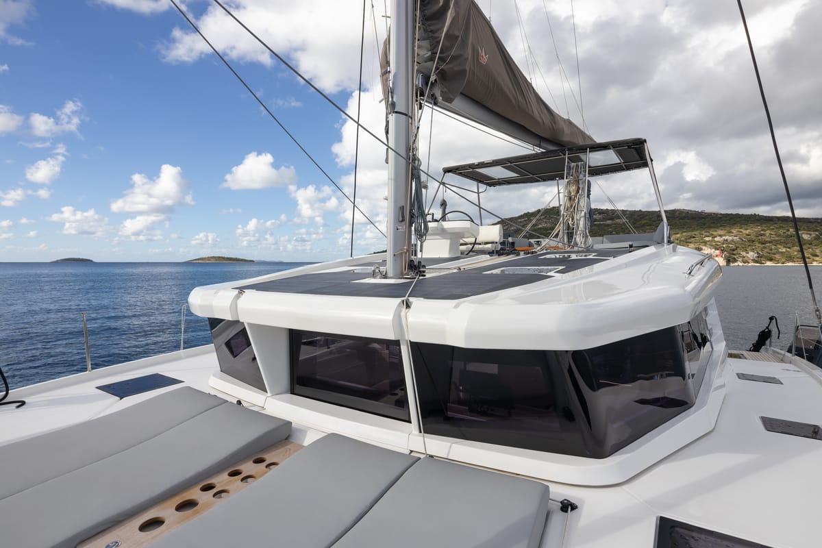 Deck of Alba, a Cervetti 44 catamaran at Primošten, Croatia