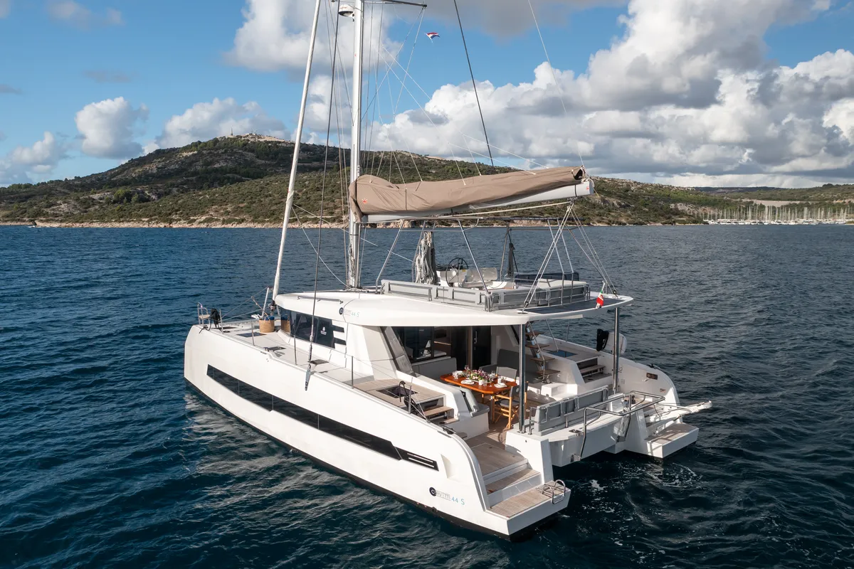 Exterior view of Alba, a Cervetti 44 catamaran at Primošten, Croatia