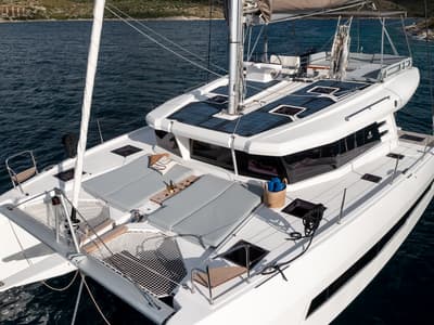 Deck of Alba, a Cervetti 44 catamaran at Primošten, Croatia