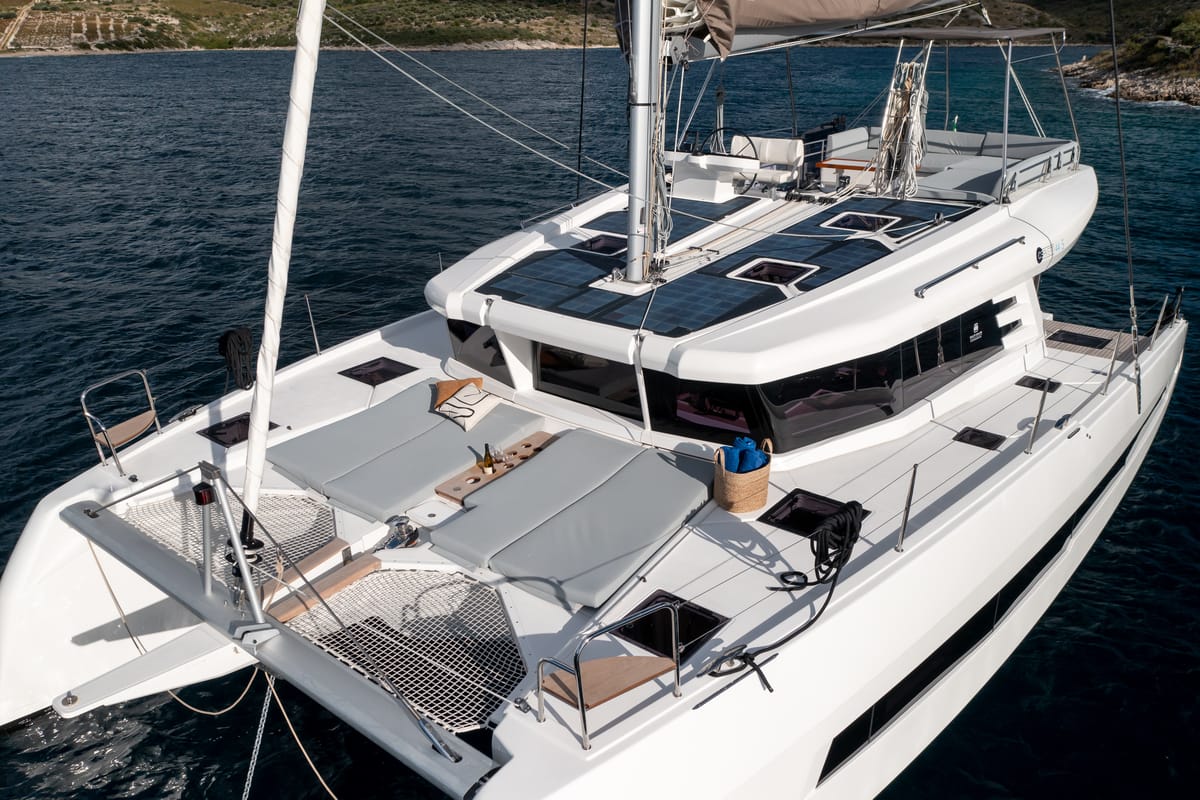 Deck of Alba, a Cervetti 44 catamaran at Primošten, Croatia