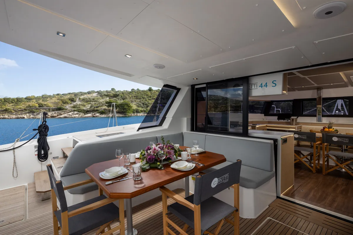 Deck of Alba, a Cervetti 44 catamaran at Primošten, Croatia