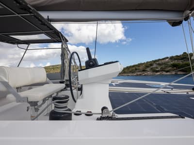 Cockpit of Alba, a Cervetti 44 catamaran at Primošten, Croatia