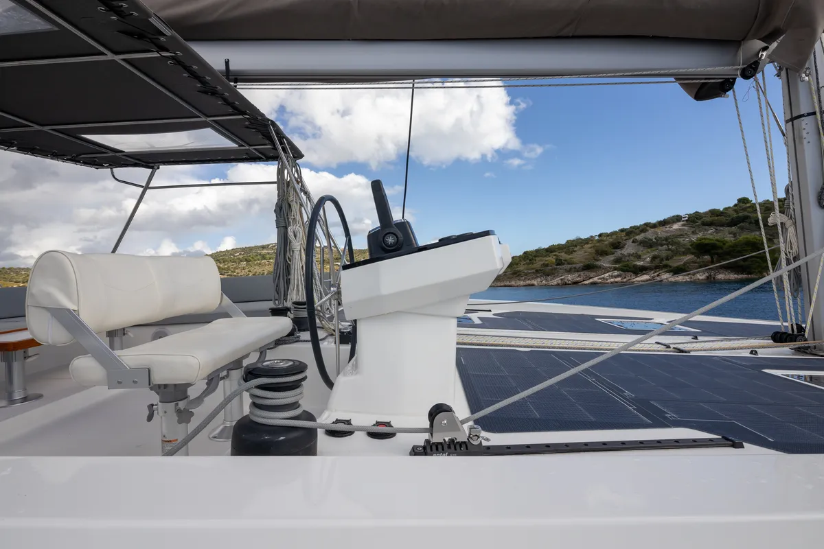 Cockpit of Alba, a Cervetti 44 catamaran at Primošten, Croatia