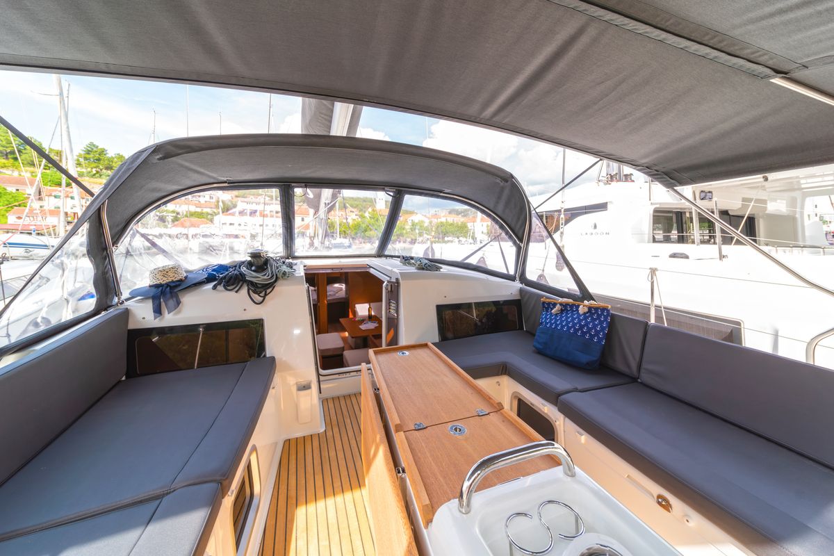 Deck of First Ride, a Jeanneau Sun Odyssey 490 sailboat at Skradin, Croatia