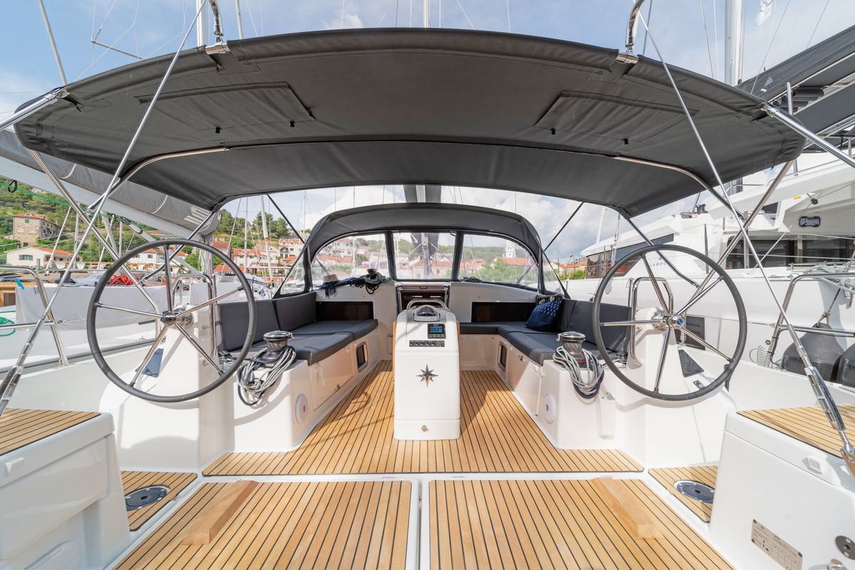 Cockpit of First Ride, a Jeanneau Sun Odyssey 490 sailboat at Skradin, Croatia