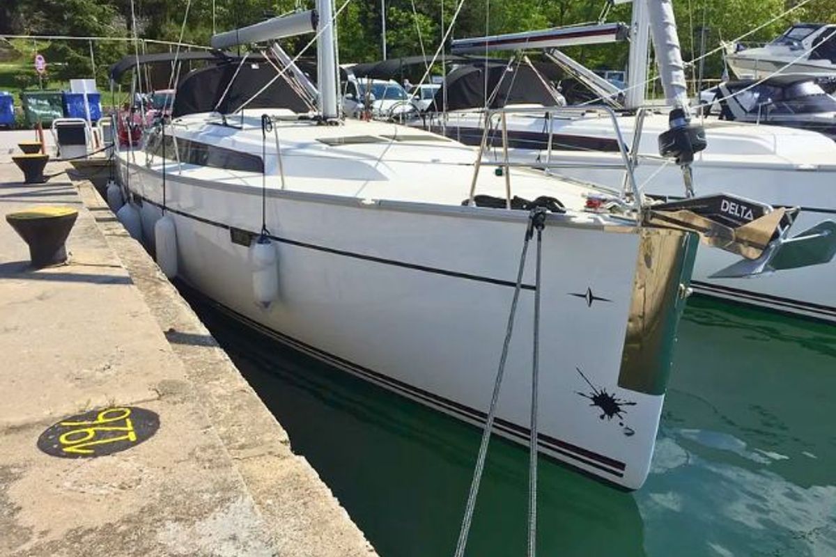 Exterior view of Renee, a Bavaria Cruiser 46 sailboat at Skiathos, Greece
