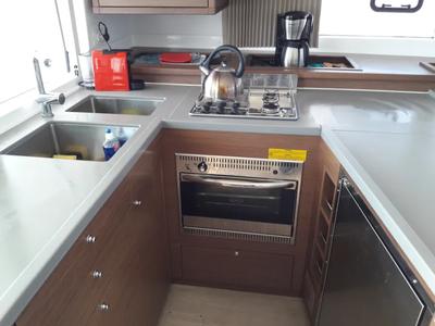 Galley of Solstice, a Lagoon 450 F catamaran at Athens, Greece