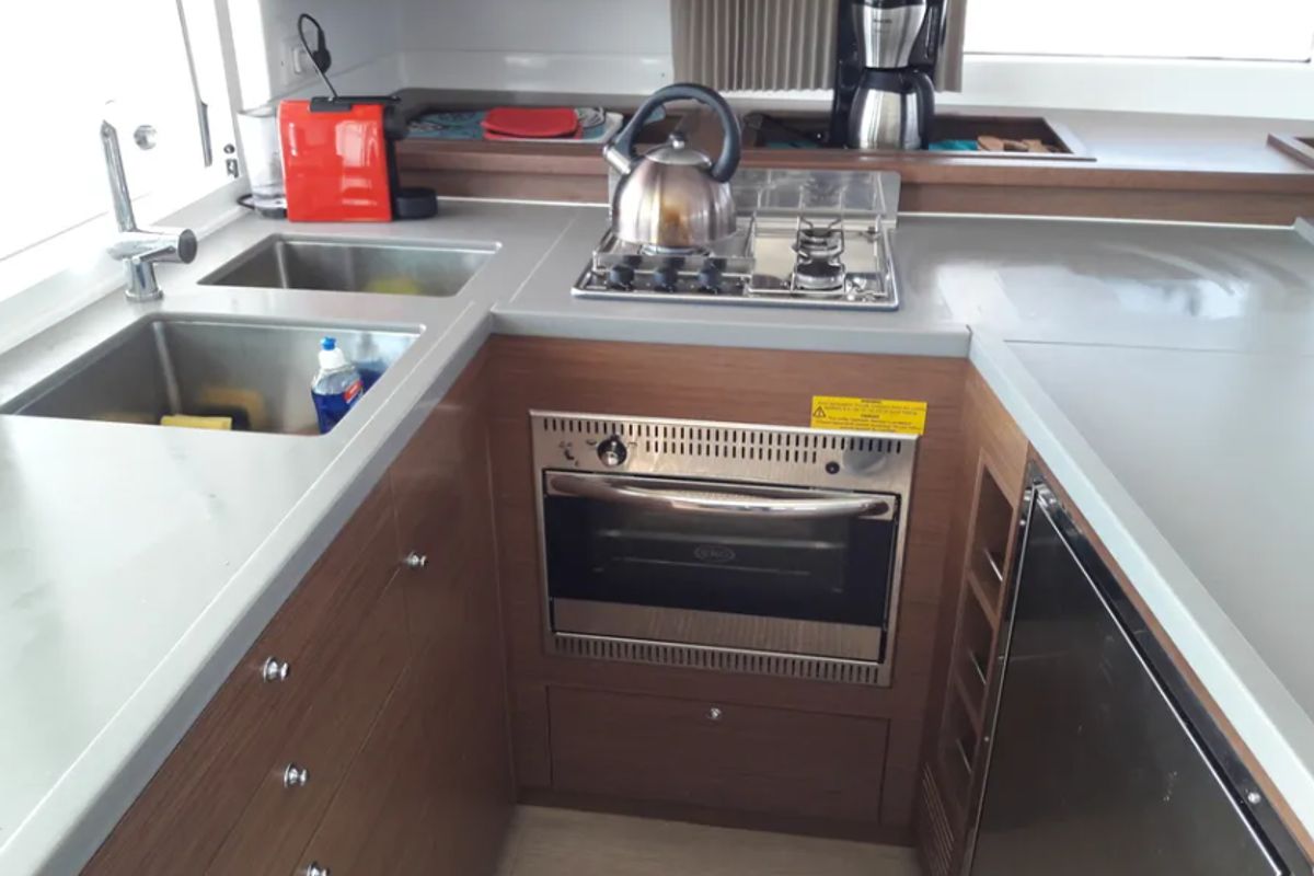 Galley of Solstice, a Lagoon 450 F catamaran at Athens, Greece