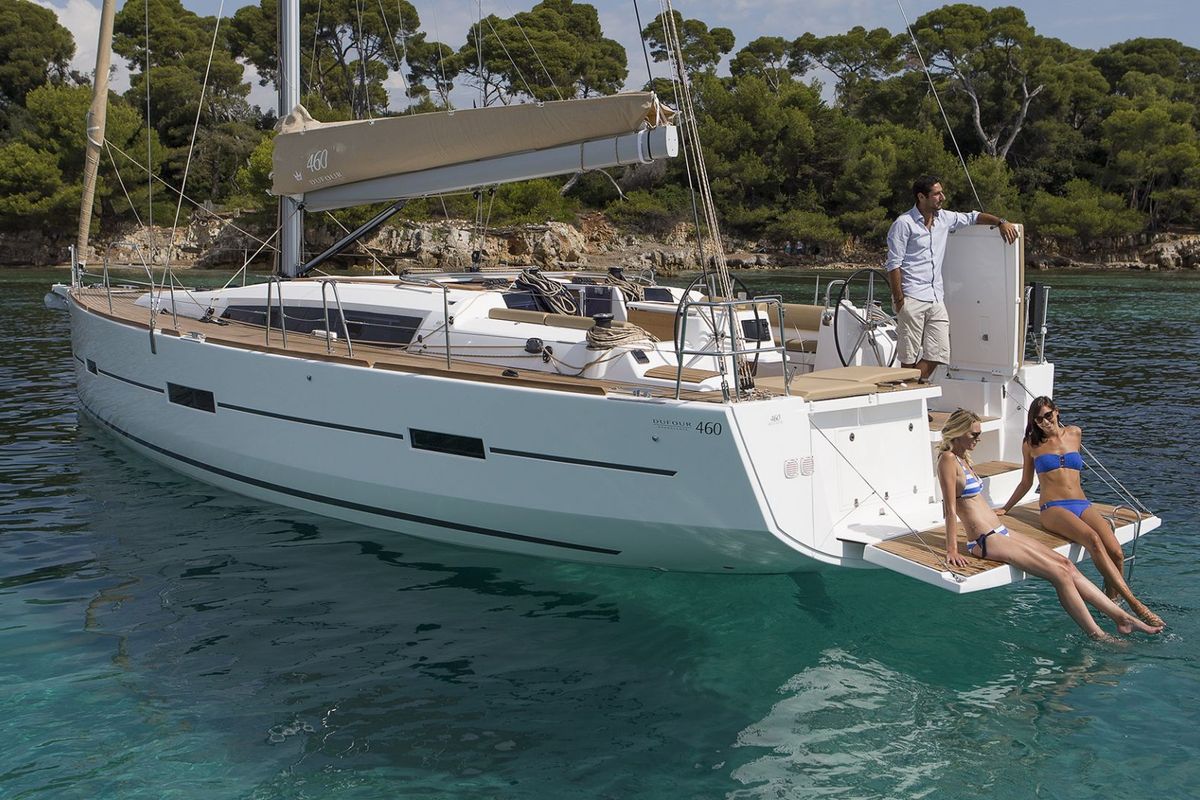 Exterior view of Odysseas, a Dufour 460 GL sailboat at Sithonia Municipal Unit, Greece