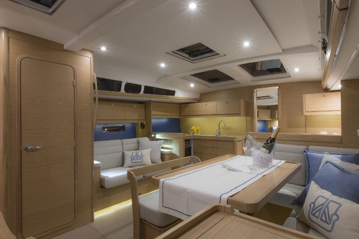 Salon of Odysseas, a Dufour 460 GL sailboat at Sithonia Municipal Unit, Greece