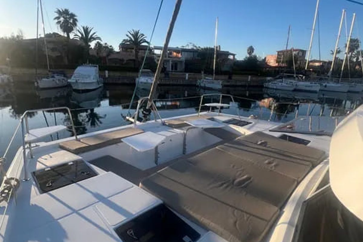 Deck of Vichi, a Bali Catspace catamaran at Palermo, Italy