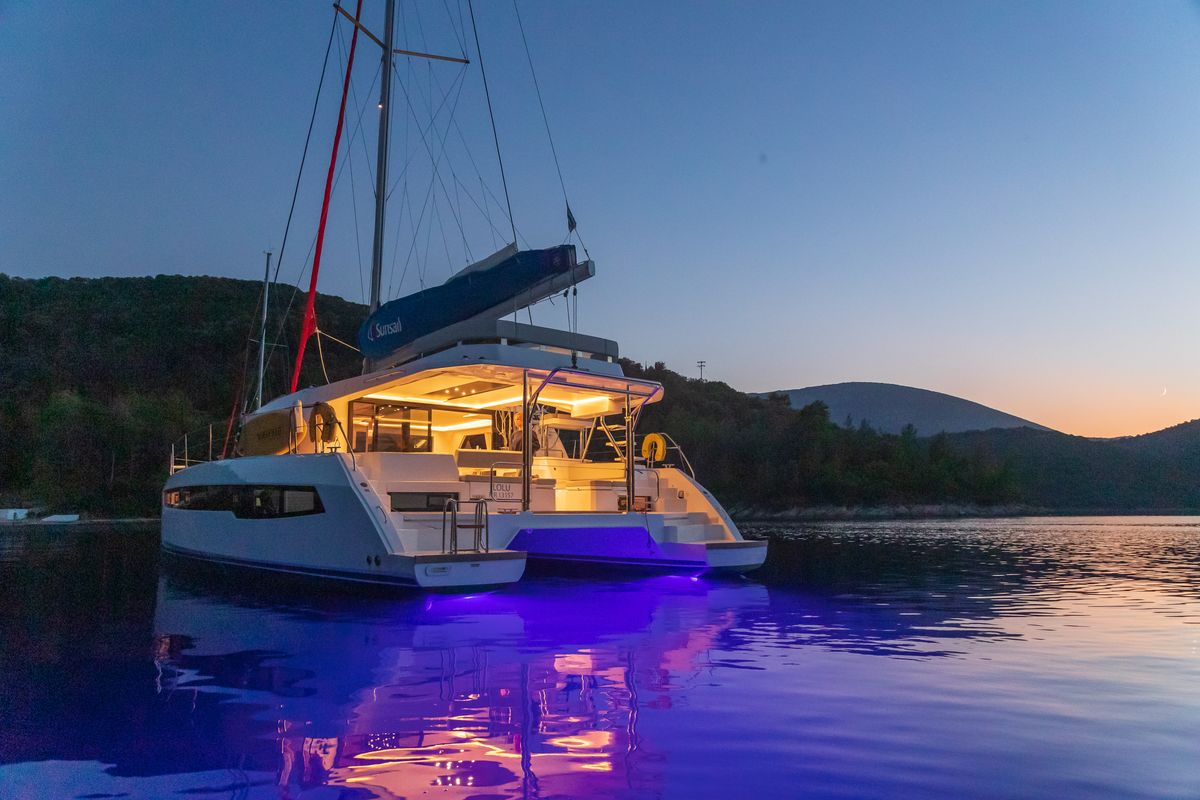 Exterior view of Sunsail 454L Premium, a Leopard 45 catamaran at Municipal Unit of Lefkada, Greece