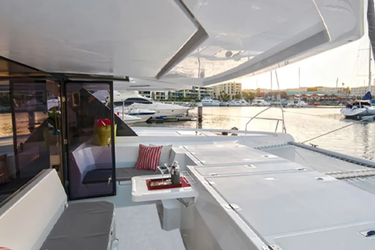 Deck of Sunsail 454L Premium, a Leopard 45 catamaran at Municipal Unit of Lefkada, Greece