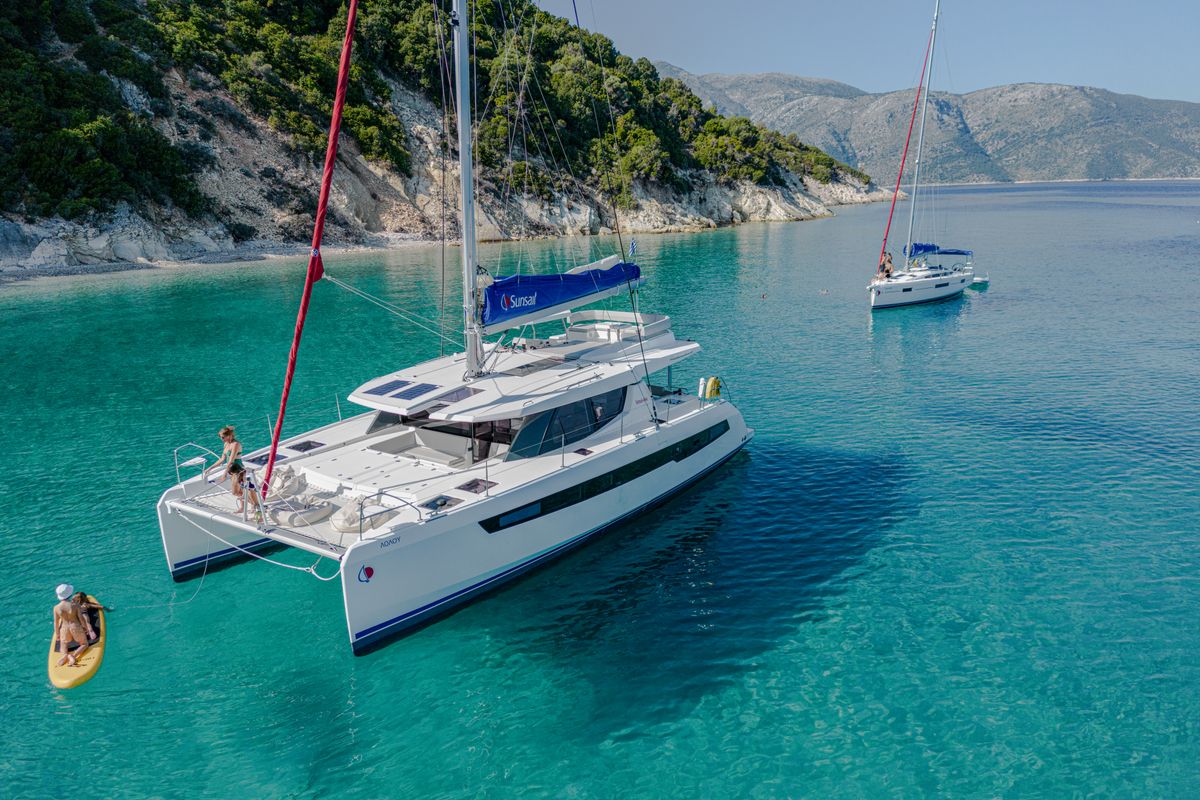Exterior view of Sunsail 454L Premium, a Leopard 45 catamaran at Municipal Unit of Lefkada, Greece