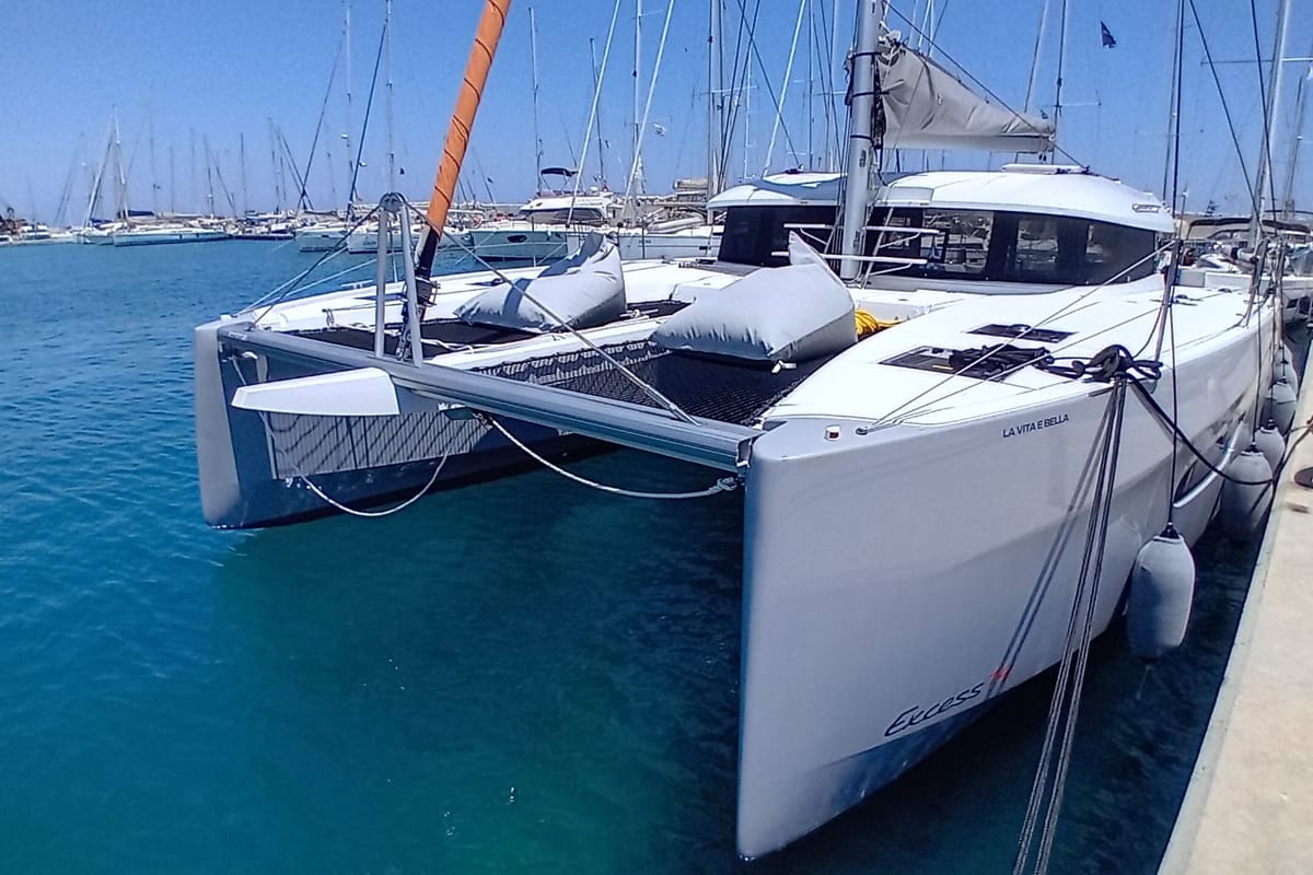 Exterior view of La Vita e Bella, a Excess 14 catamaran at Municipal Unit of Rhodes, Greece