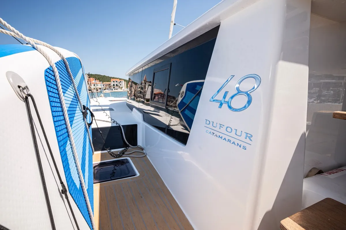 Exterior view of Freya, a Dufour 48 Catamaran catamaran at Pirovac, Croatia