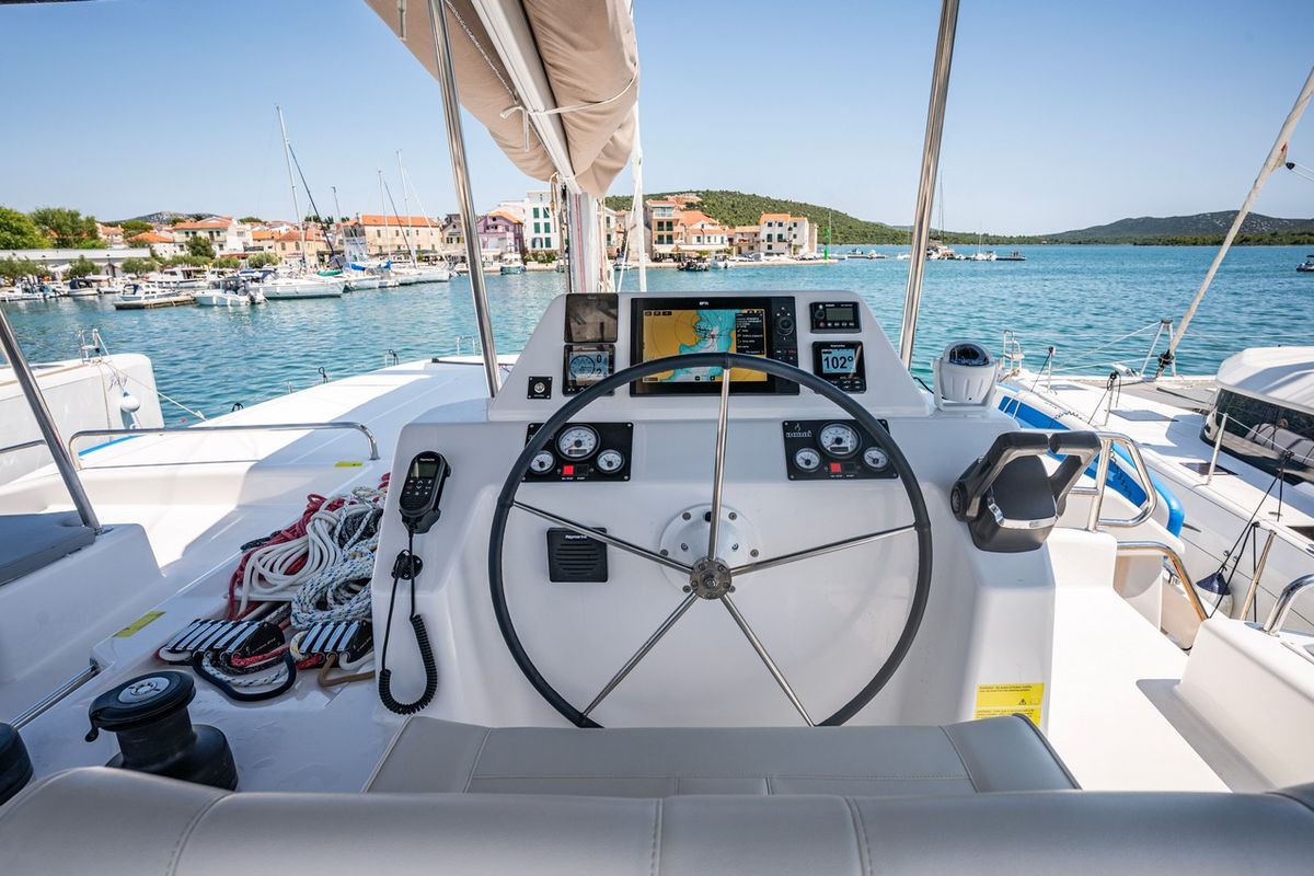 Cockpit of Freya, a Dufour 48 Catamaran catamaran at Pirovac, Croatia