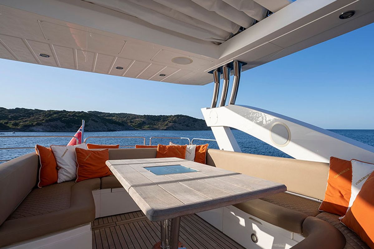 Deck of Goldeneye, a Sunseeker International Sunseeker Manhattan 73 yacht at Grad Šibenik, Croatia