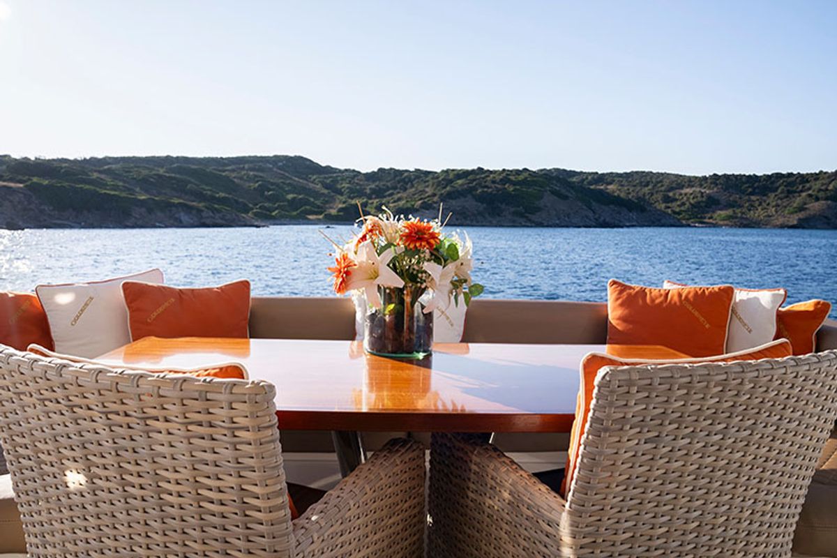 Deck of Goldeneye, a Sunseeker International Sunseeker Manhattan 73 yacht at Grad Šibenik, Croatia