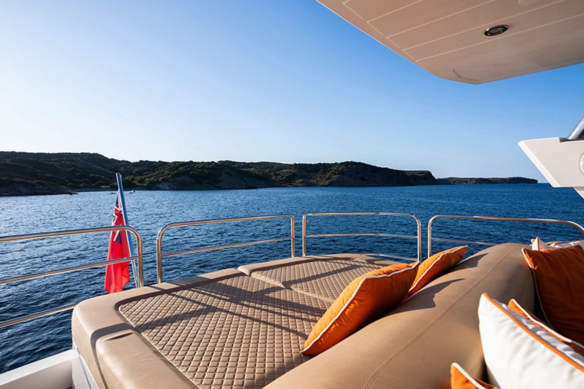 Deck of Goldeneye, a Sunseeker International Sunseeker Manhattan 73 yacht at Grad Šibenik, Croatia