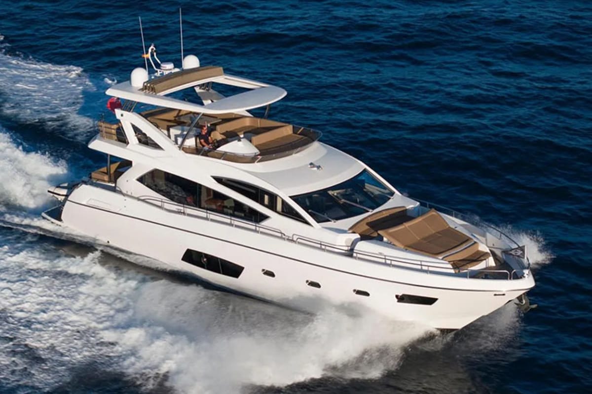 Exterior view of Goldeneye, a Sunseeker International Sunseeker Manhattan 73 yacht at Grad Šibenik, Croatia