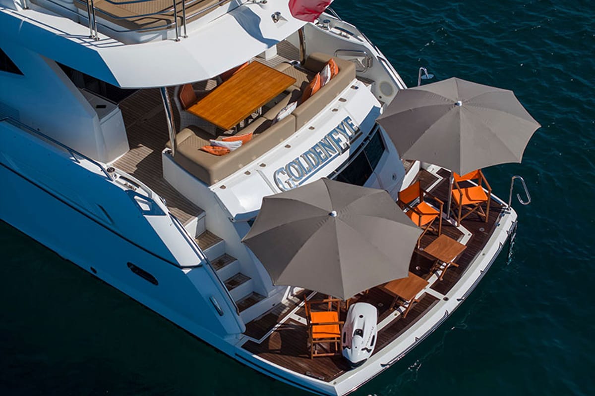 Exterior view of Goldeneye, a Sunseeker International Sunseeker Manhattan 73 yacht at Grad Šibenik, Croatia