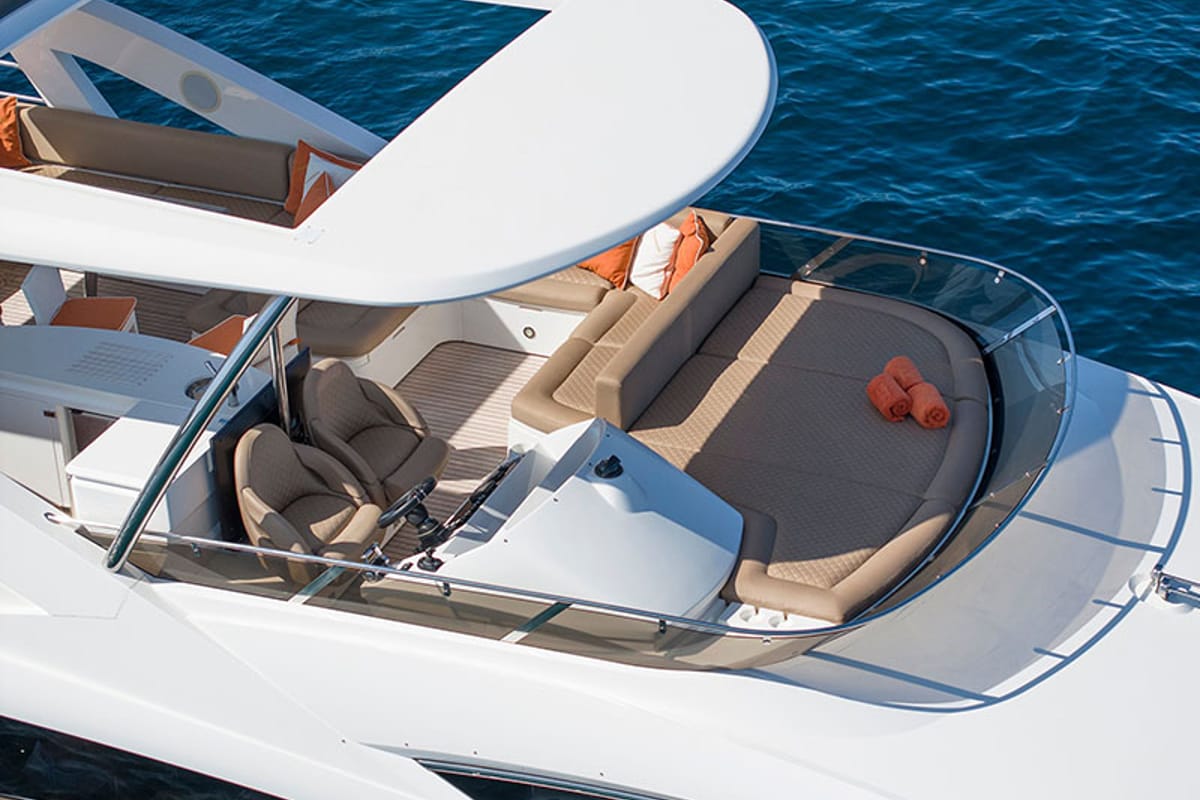 Cockpit of Goldeneye, a Sunseeker International Sunseeker Manhattan 73 yacht at Grad Šibenik, Croatia