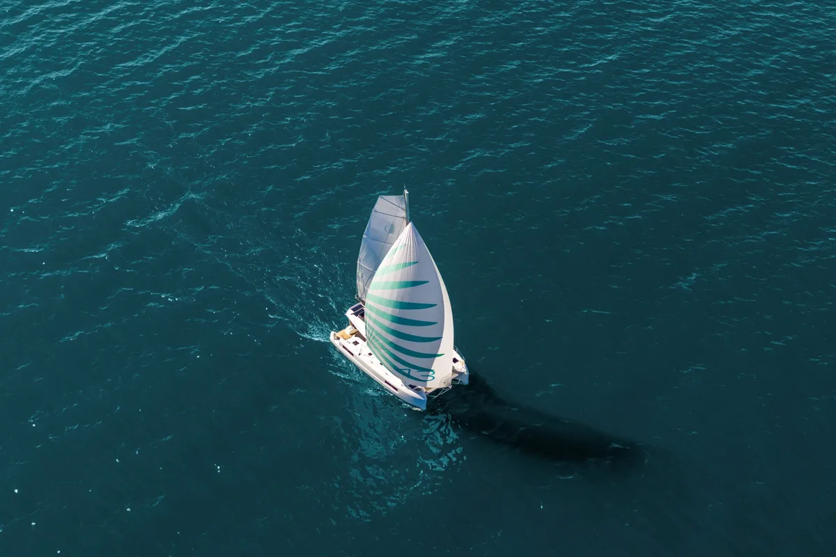 Exterior view of Anassa, a Lagoon 43 catamaran at Athens, Greece