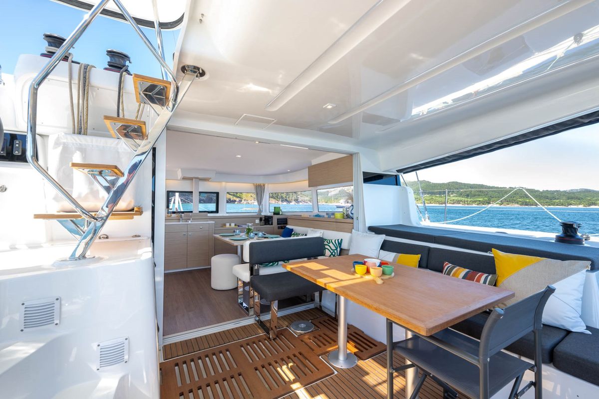 Deck of Anassa, a Lagoon 43 catamaran at Athens, Greece