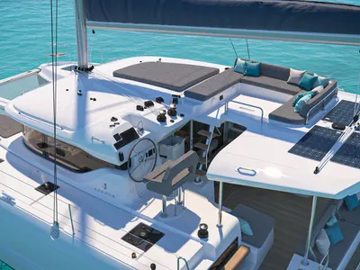 Cockpit of Anassa, a Lagoon 43 catamaran at Athens, Greece