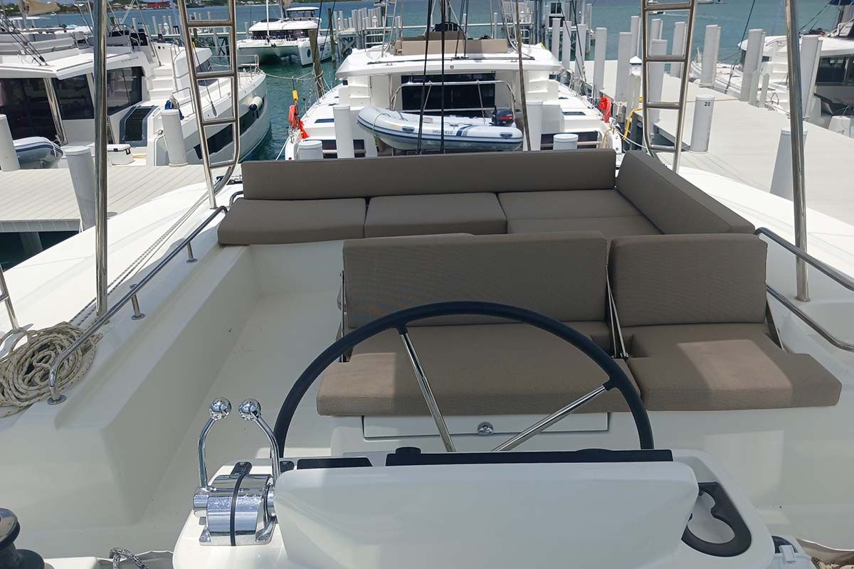 Cockpit of No Surrender, a Lagoon 51 catamaran at Central Abaco, Bahamas