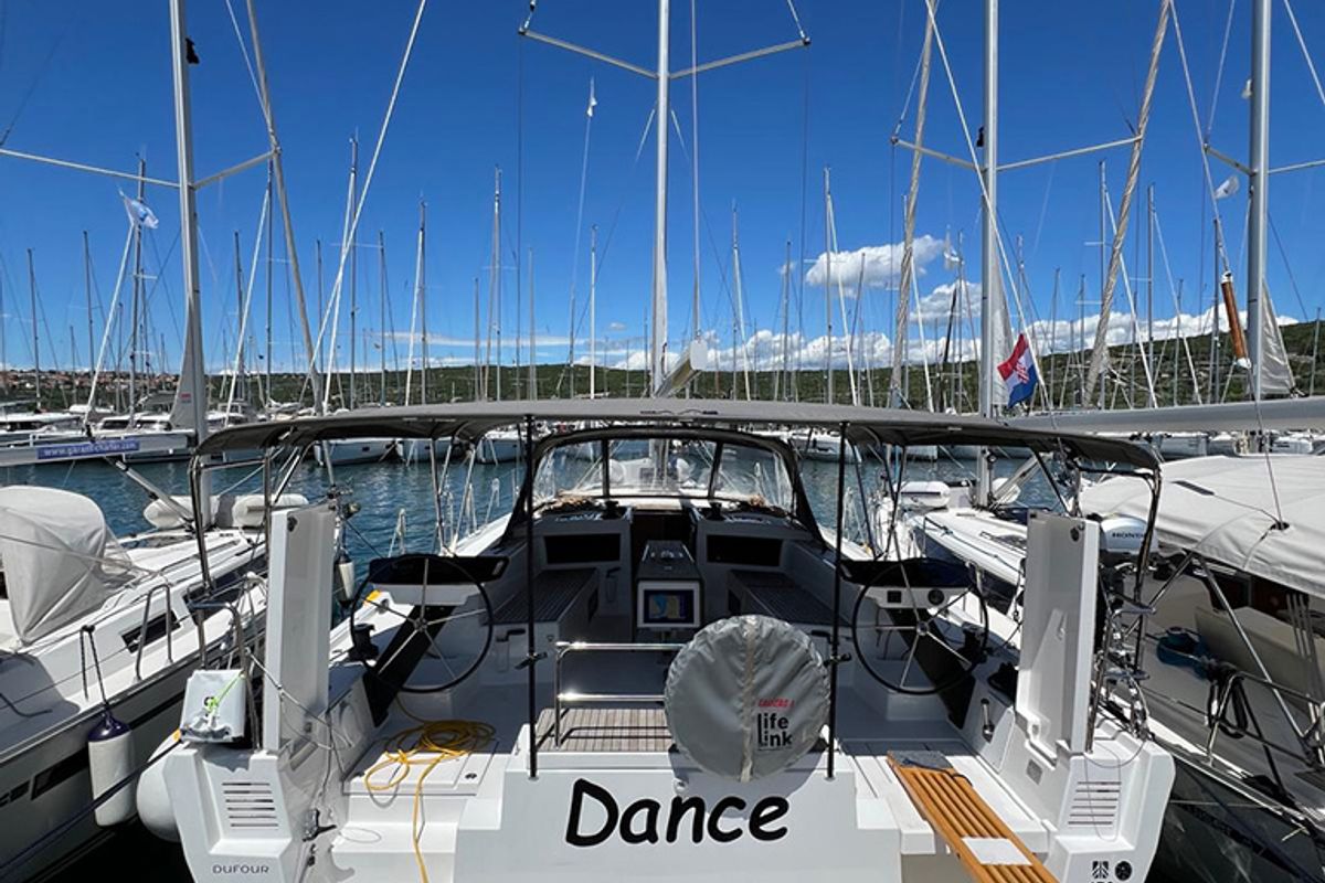 Exterior view of Dance, a Dufour 470 sailboat at Punat, Croatia