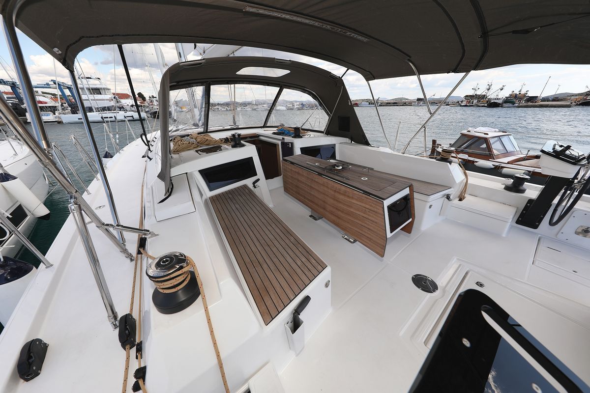 Deck of Dance, a Dufour 470 sailboat at Punat, Croatia