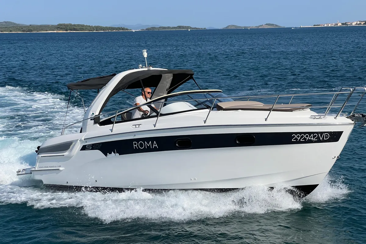 Exterior view of Palma, a Bavaria S29+ motorboat at Grad Biograd na Moru, Croatia